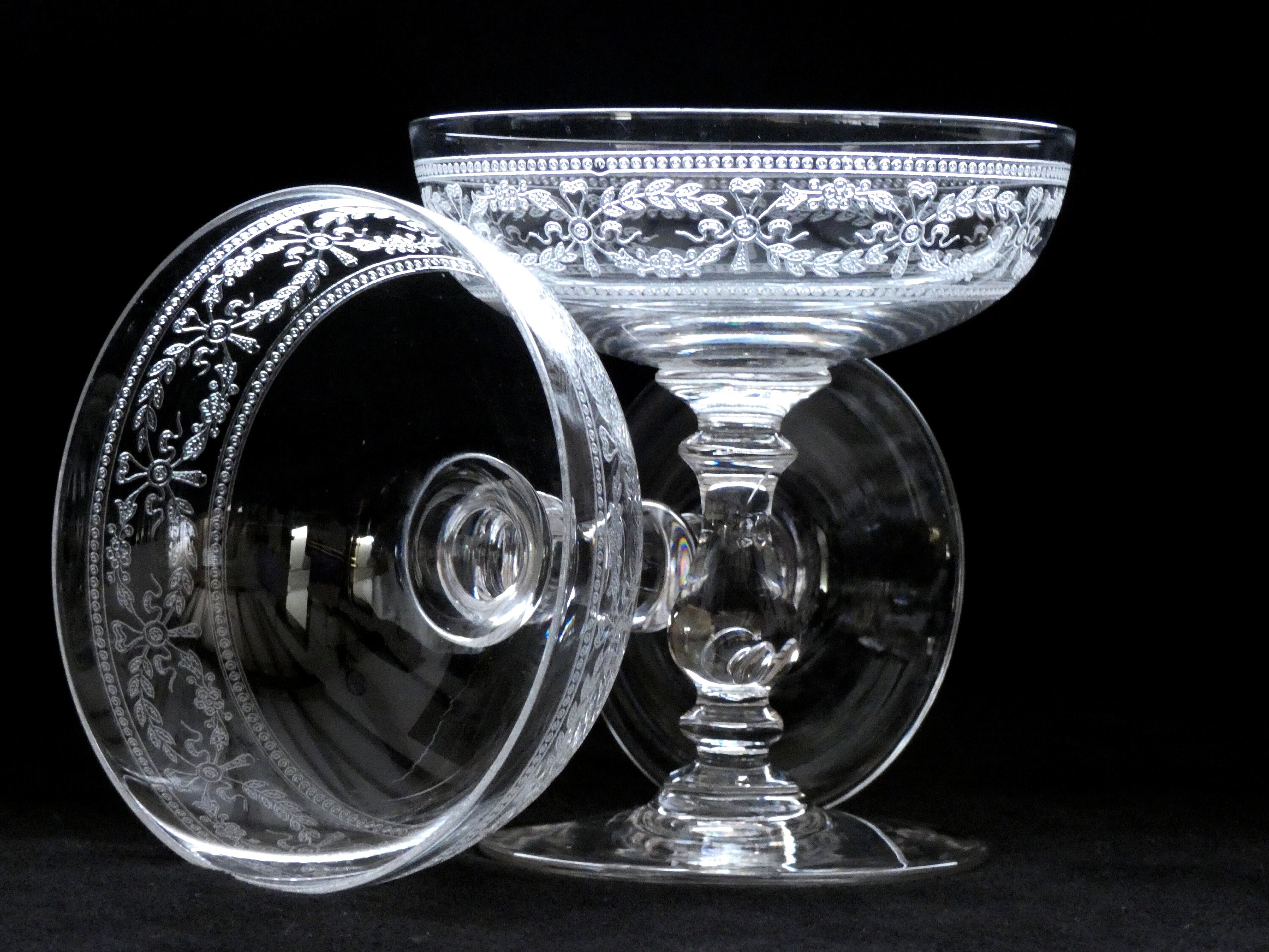 2pc. Antique French Champagne Coupes, Vintage Engraved Crystal