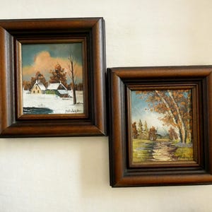 Pair Vintage landscape Oil on Canvas Paintings Signed Original Authentic Country House River Nature Winter Landscape