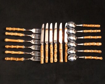 14 pcs Bamboo Handles Dessert Cutlery Solingen Cutlery Handmade Bamboo Handles Cake Set and Stainless Steel 70s