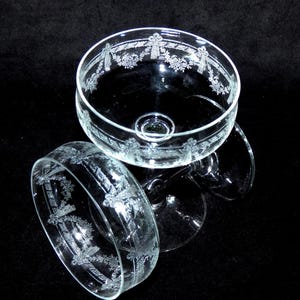 2 Antique Meisenthal Crystal Champagne Coupes Engraved Wedding Glasses Vintage French Glassware 1927