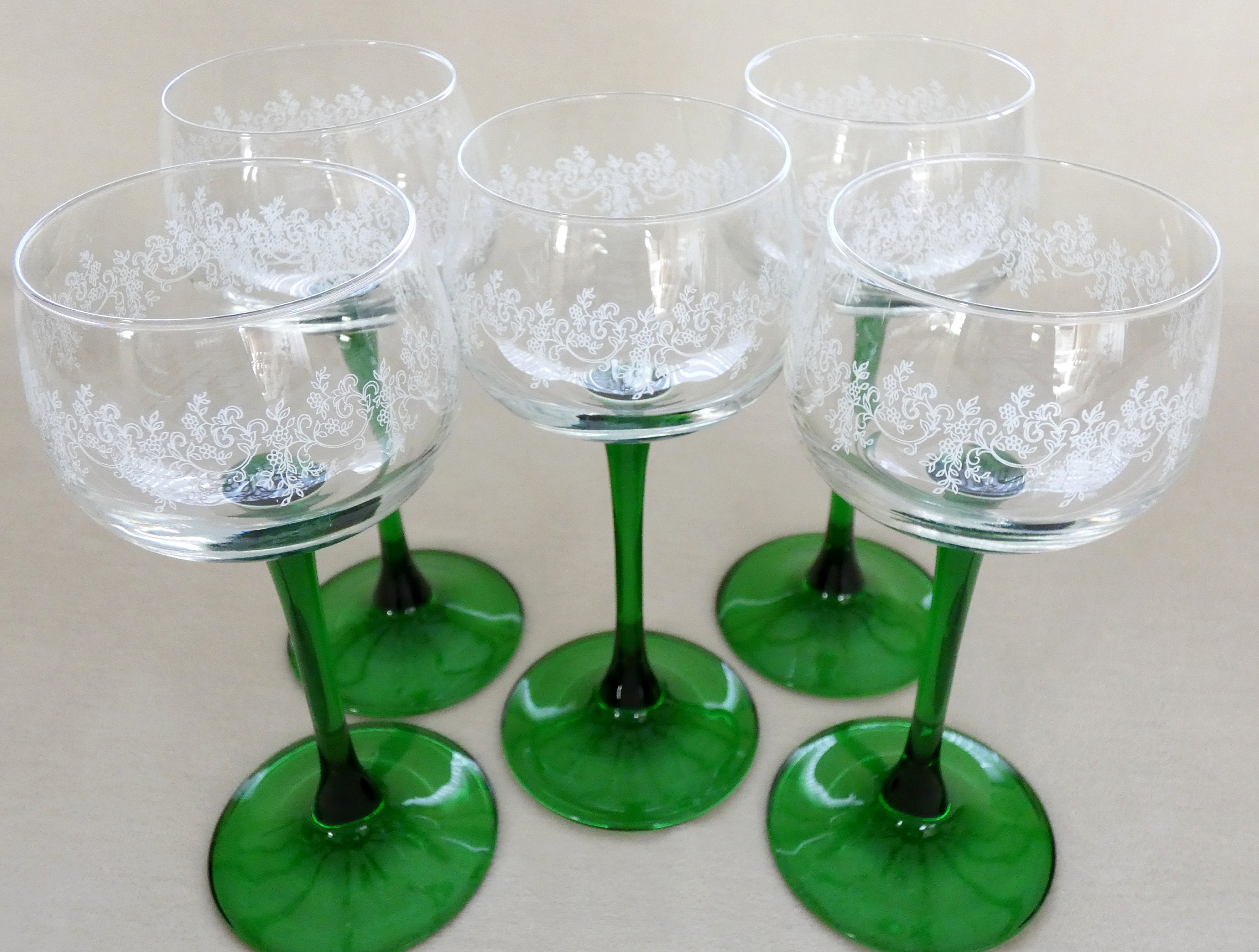 Vintage French 'Luminarc' Green Stem Wine Glasses in Original Box- Set of 6