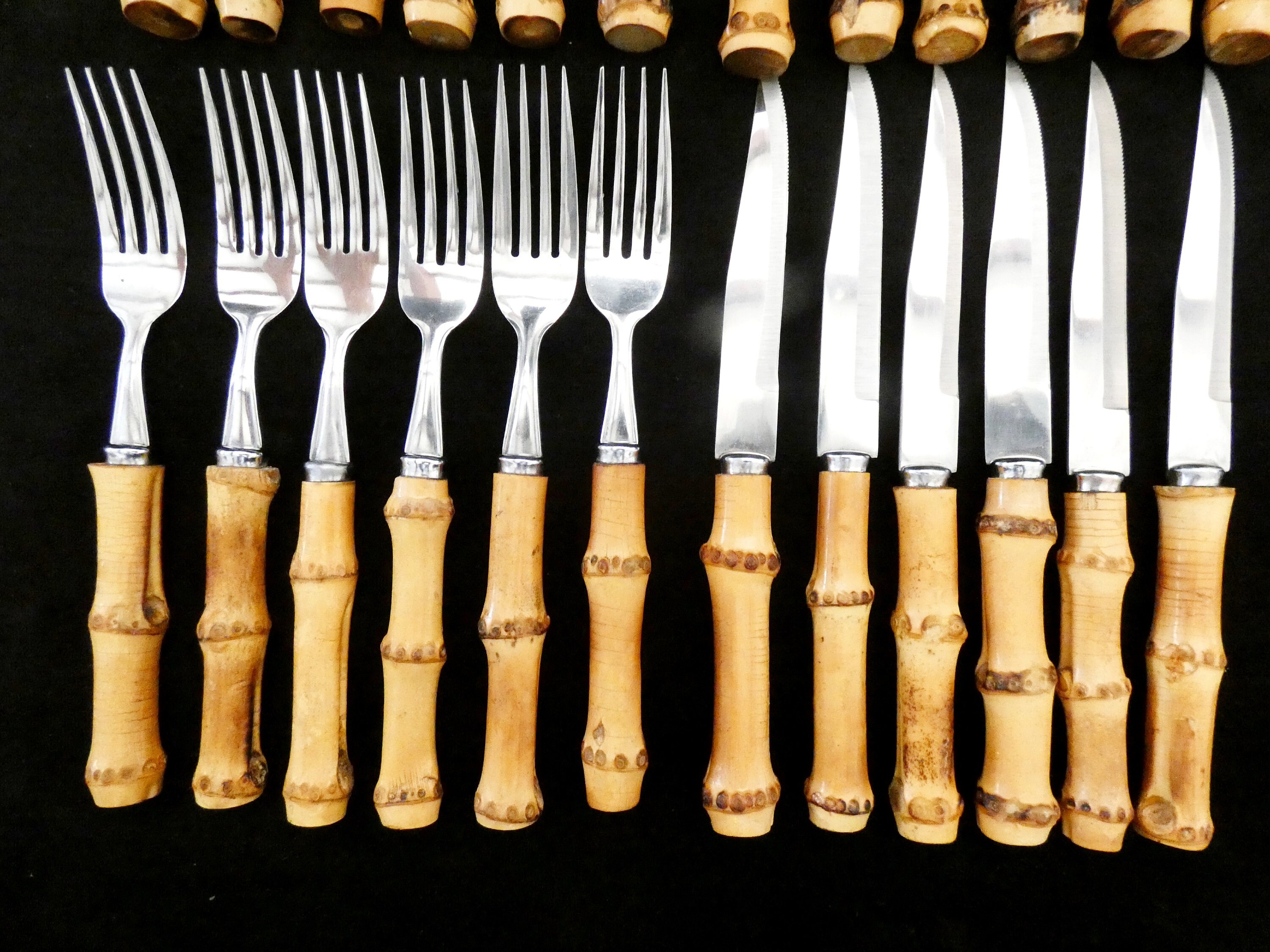 24 Vintage Bamboo Handle Flatware, Bamboo Handle Cutlery Set, Natural Bamboo and Stainless Steel