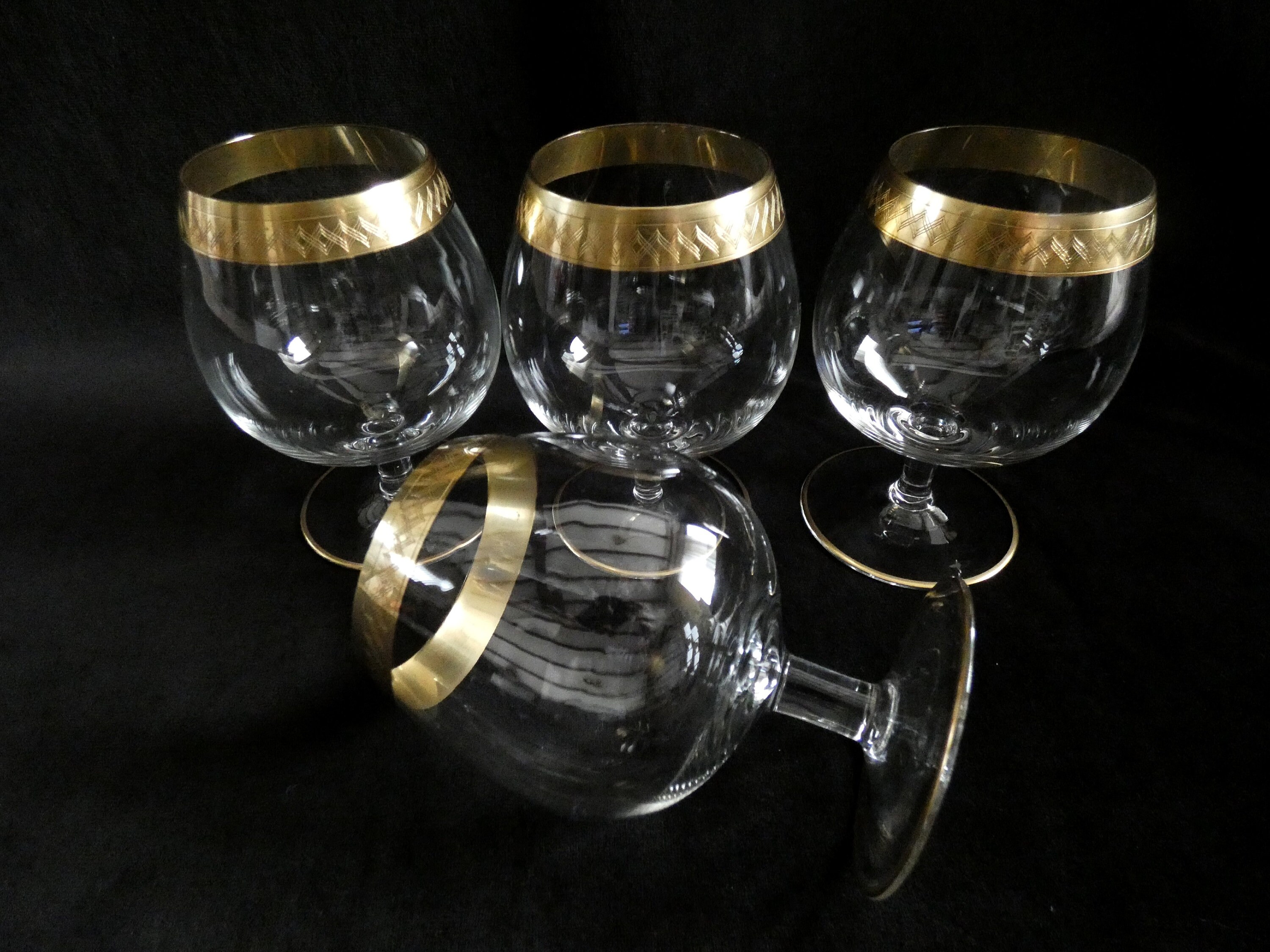 4 Crystal Cognac Glasses Murano 24k Gold Rim Vintage Italian Brandy