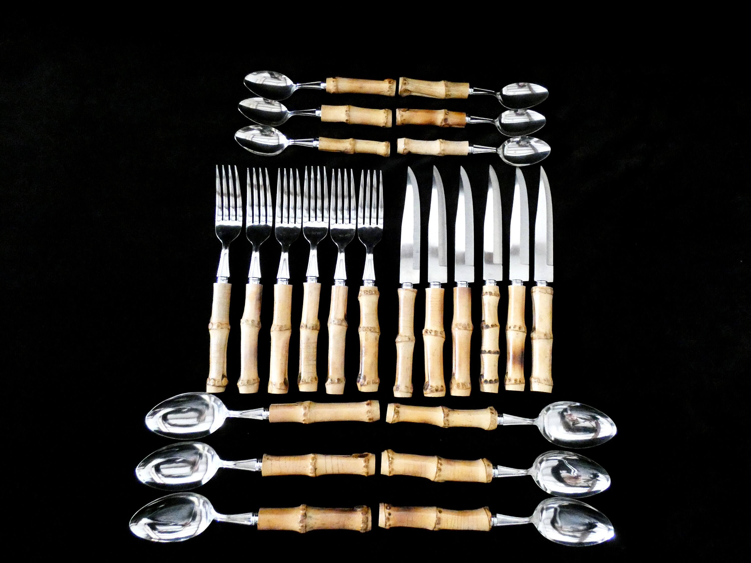 24 Bamboo Handle Cutlery, Vintage Bamboo Handle Flatware Set, Natural
