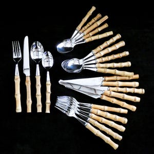 Set di 24 posate francesi con manico in bambù, posate vintage in acciaio inossidabile.