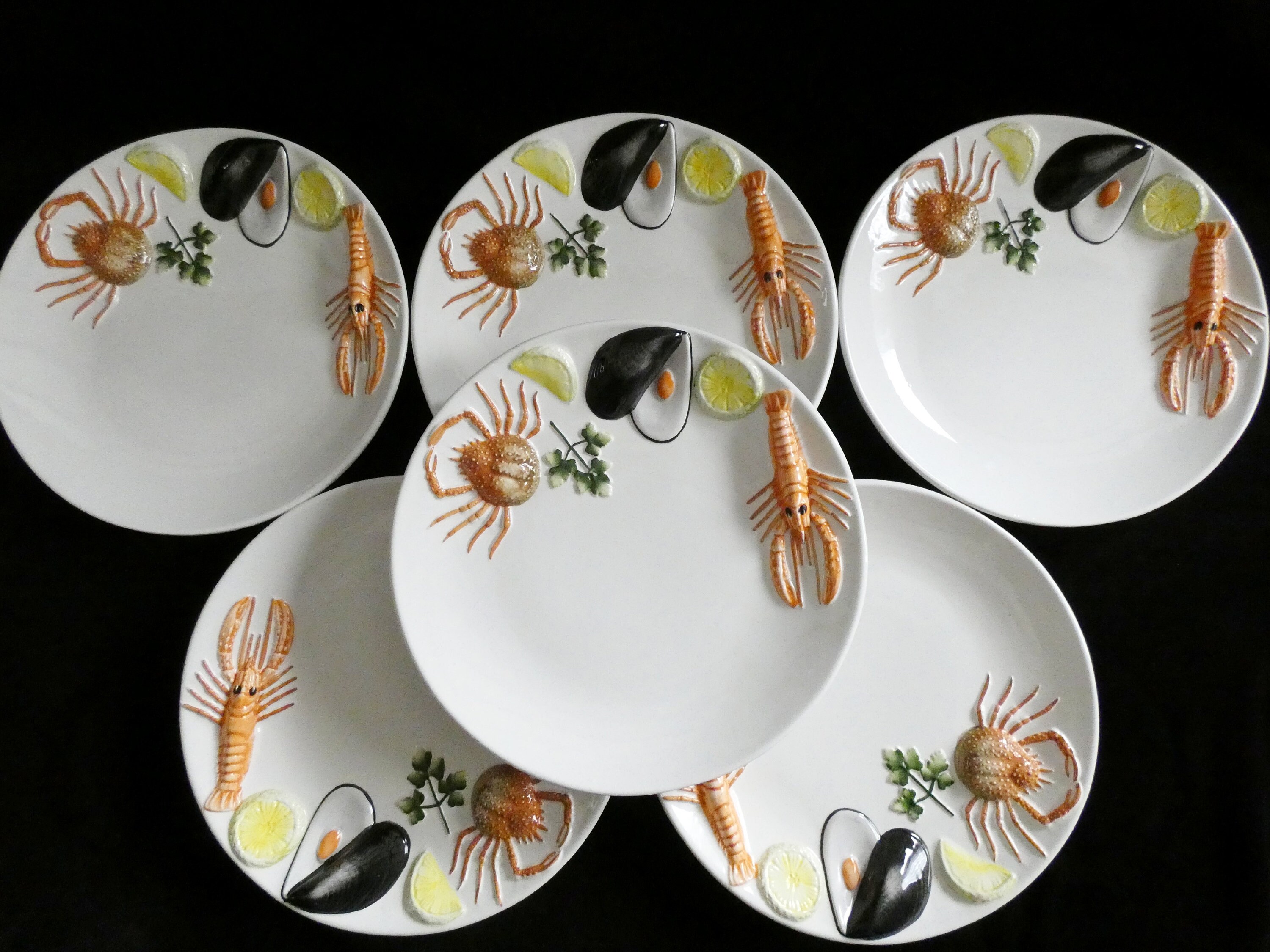 6 Vintage Bassano Italy Lobster Plates, Vintage Fish Serving Platters