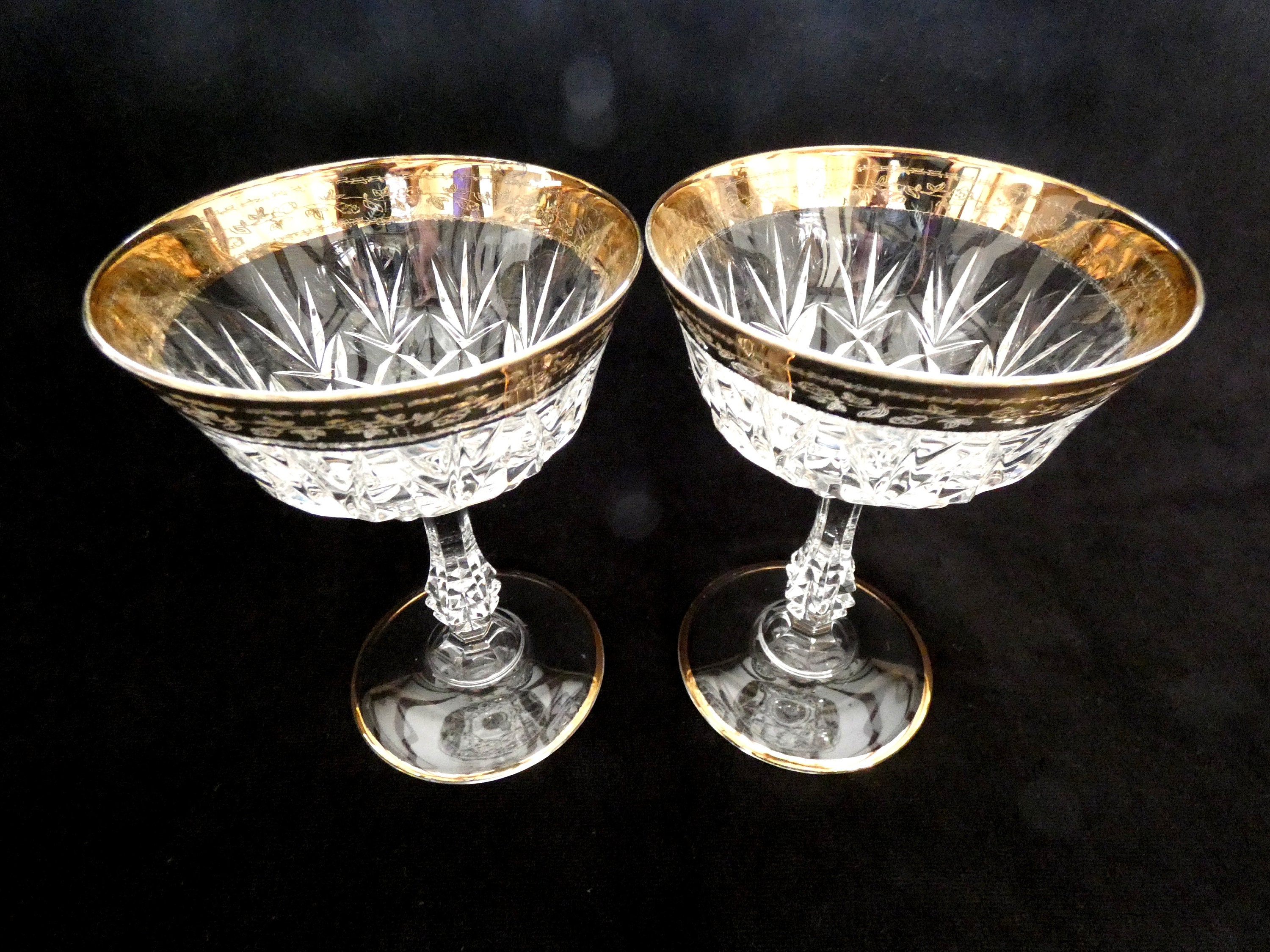 Vintage Mid Century Floral Hand Cut Etched Crystal Wine Glasses - Set of 6