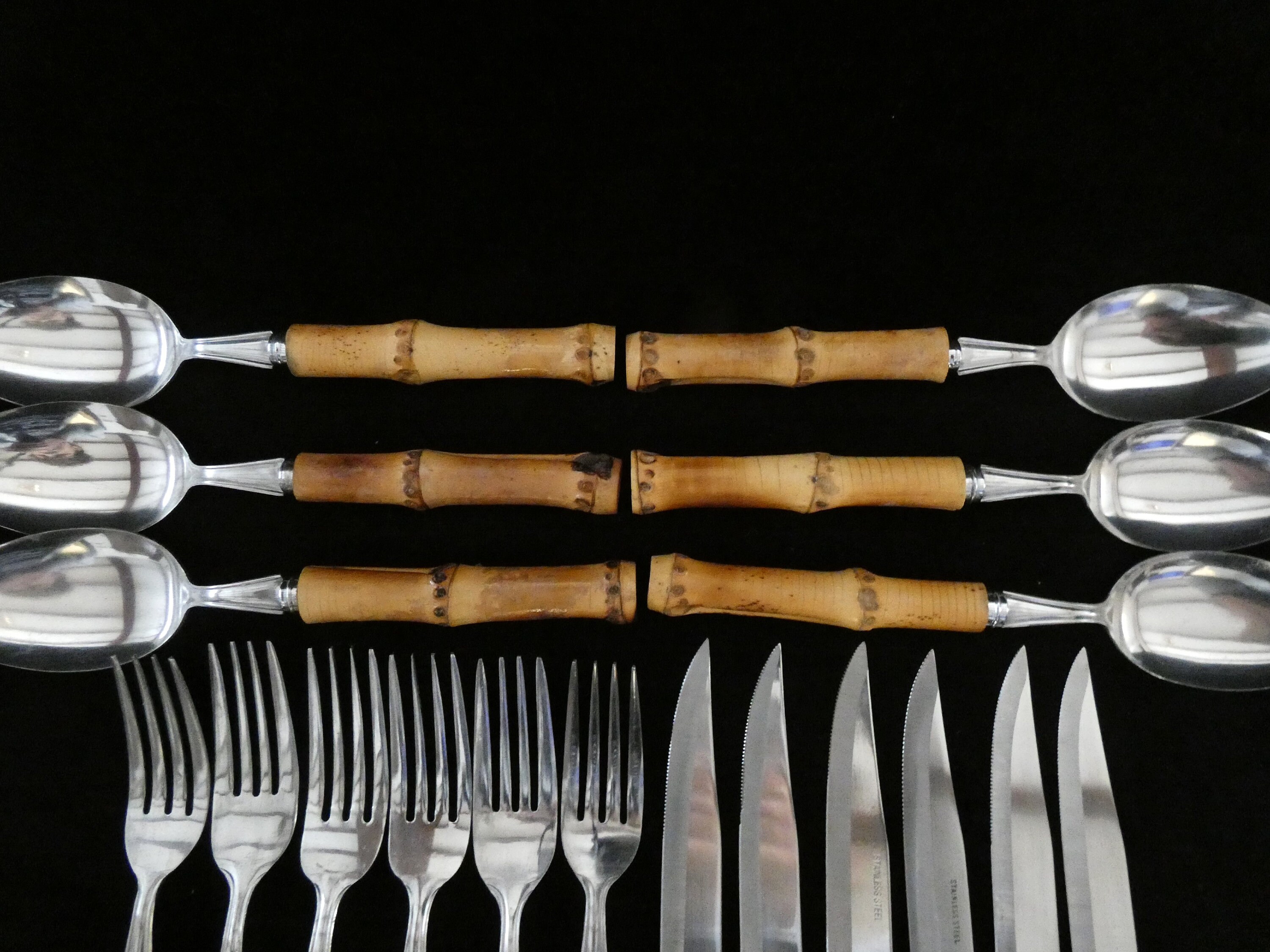 24 Vintage French Bamboo Handle Flatware, Bamboo Handle Cutlery Set, Natural Bamboo and