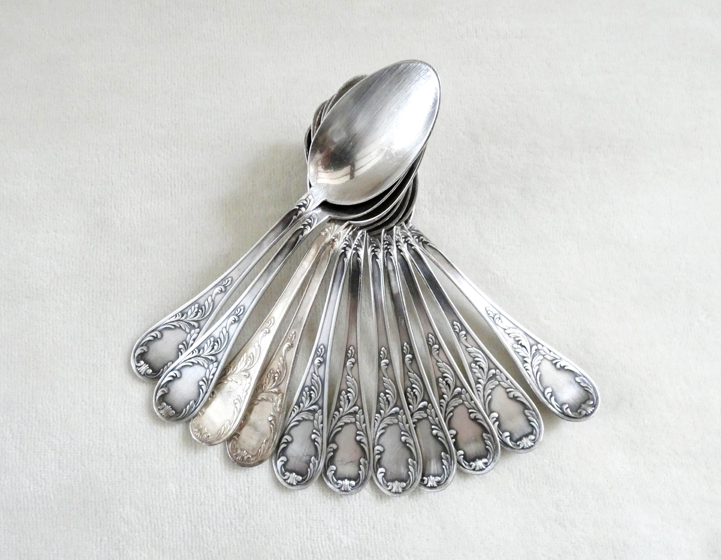 Vintage French Silver Plated Tea/Coffee Spoons Embossed Ornate Dessert Egg Spoons Retro Flatware Silverware 60s