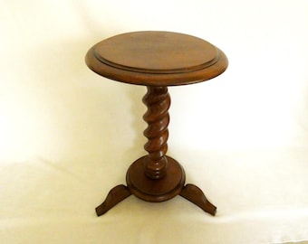 Vintage French Oak Barley Twist Plant Stand, Spiral Pedestal Side Table