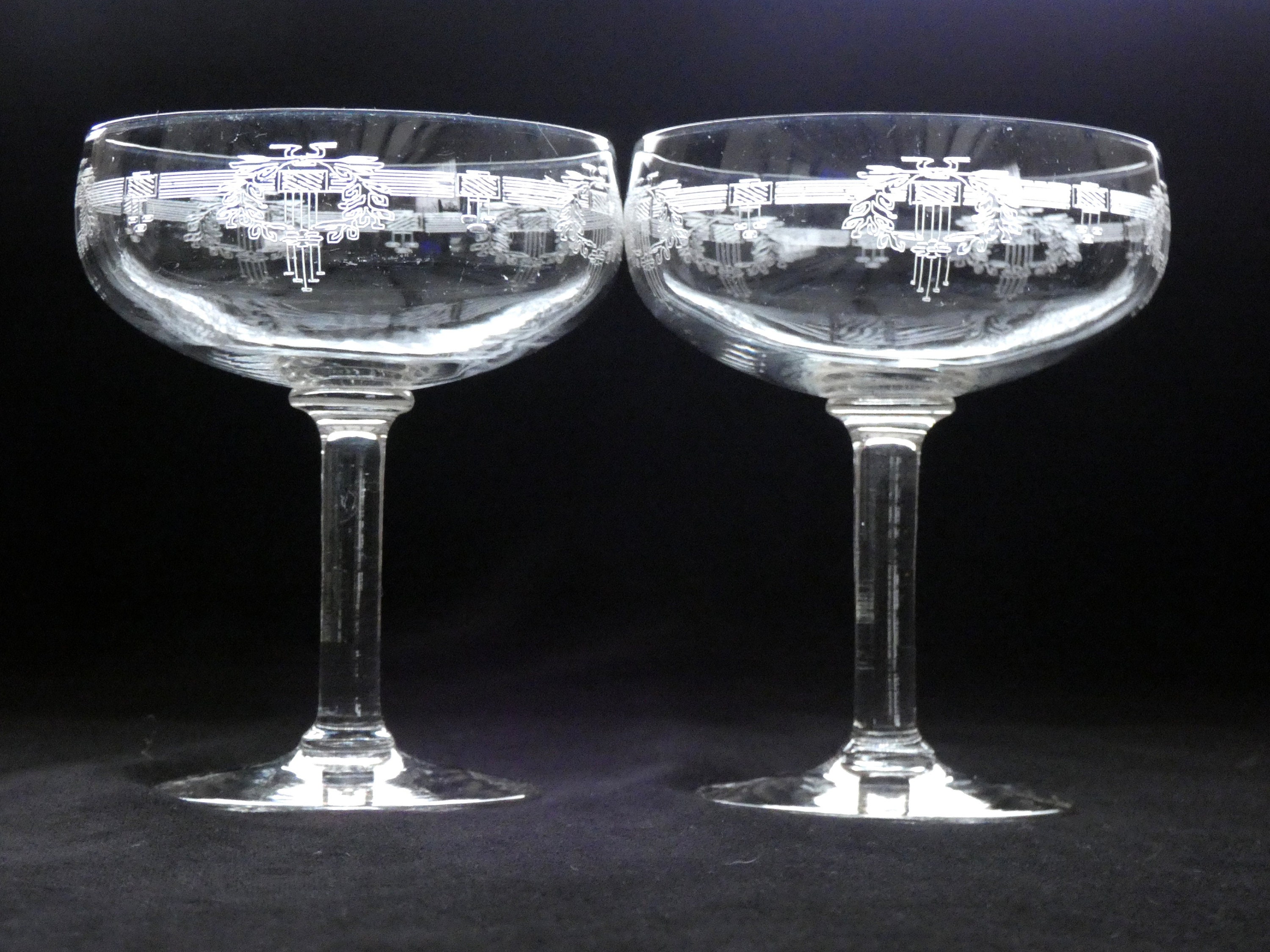 2 Antique French Crystal Champagne Glasses, Vintage Engraved Champagne