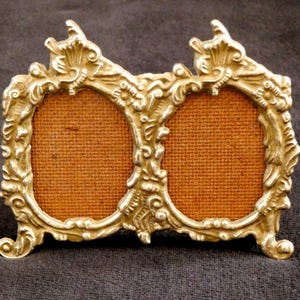 Antique Brass Picture Holder Small Baroque Double Frame Ornate Portrait Stand Early 20th century