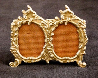 Antique Brass Picture Holder Small Baroque Double Frame Ornate Portrait Stand Early 20th century