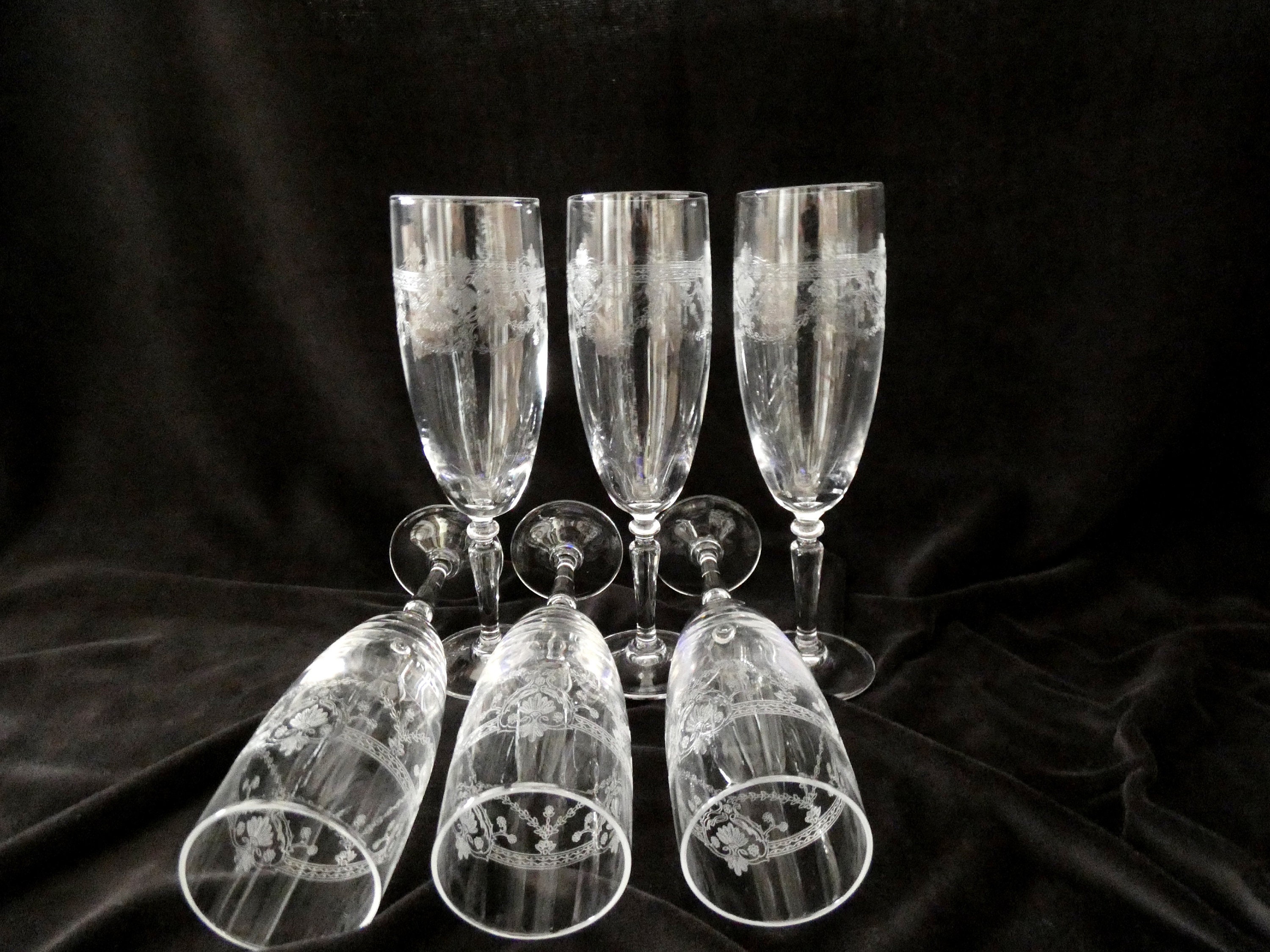 6 Antique Crystal Champagne Flutes, Vintage French Champagne Glasses