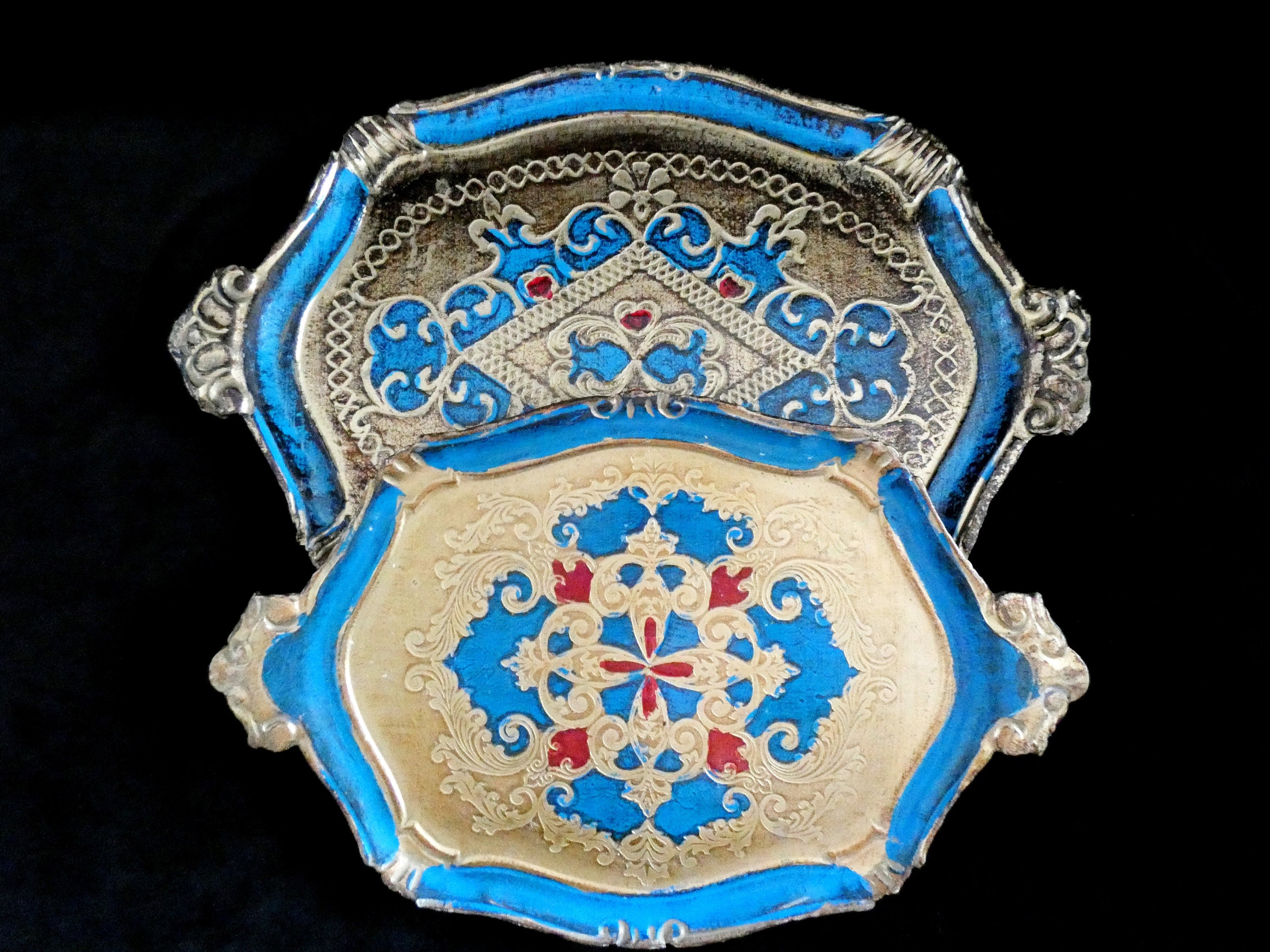 Vintage Florentine Trays, Retro Italian Wooden Serving Trays, Blue and