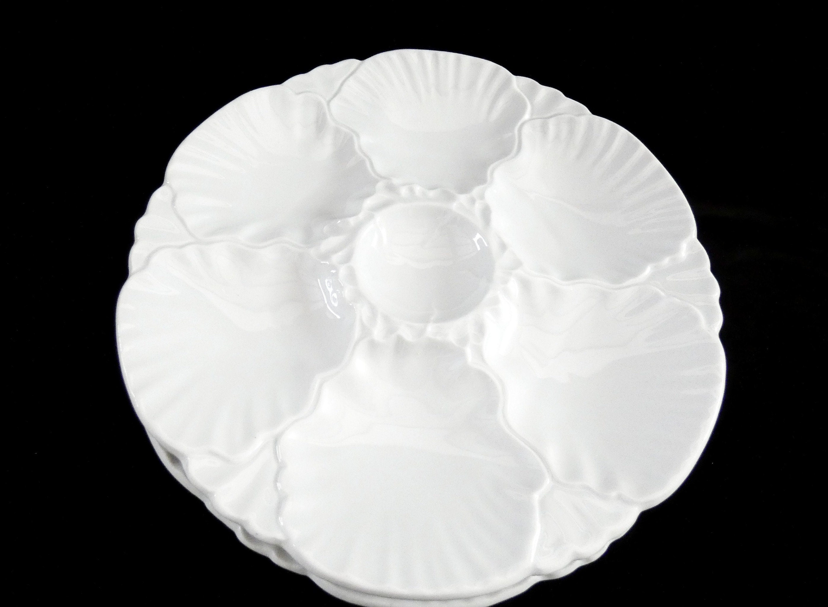 6 Porcelaine de Baudour Oyster Plates, Vintage Belgian White Oyster