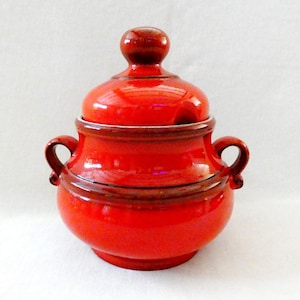 Large Vintage French Tureen, Red Ceramic Dinnerware, Mid century Majolica Soup Tureen