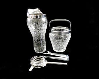 Vintage DeMeyere Crackle Glass Cocktail Set: Martini Shaker, Ice Bucket, Tongs