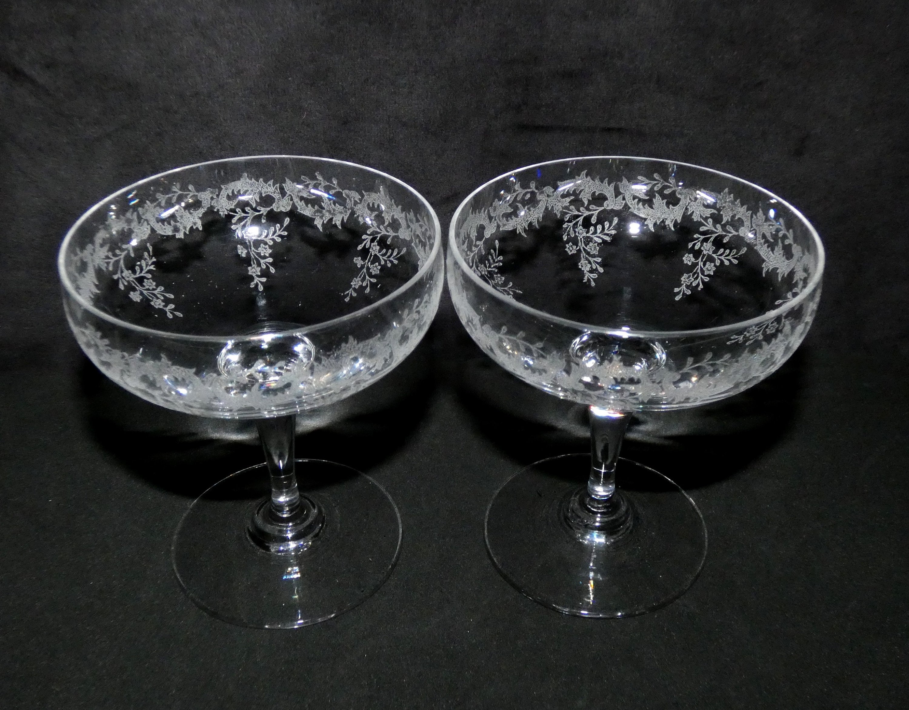 2 Antique French Crystal Champagne Glasses, Retro Engraved Champagne
