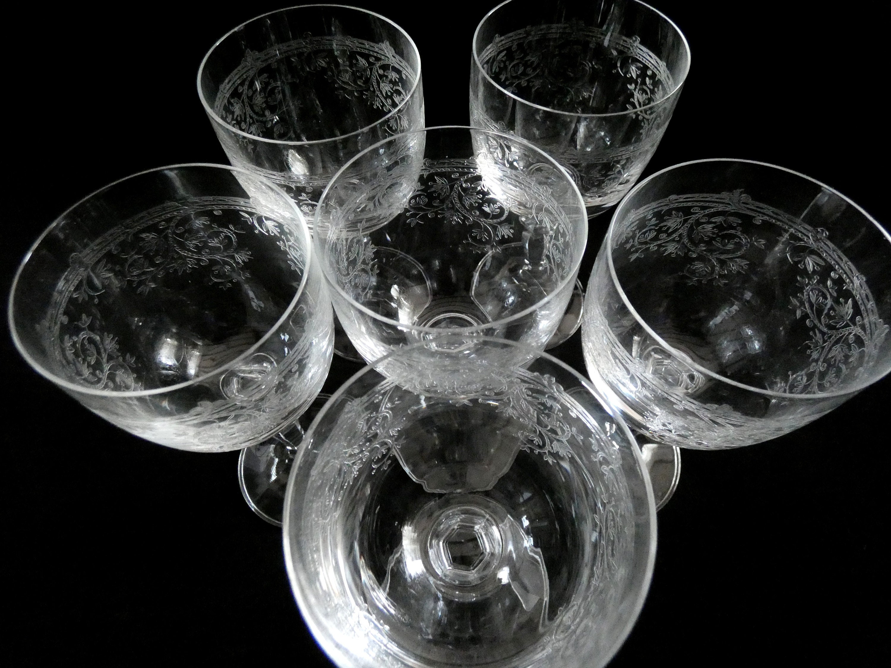 Vintage Etched Crystal Wine Glasses, French Crystal Glasses, Retro Wine