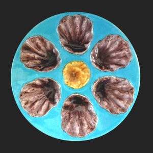 Antique Bavent Majolica Oyster Plate: French Turquoise Ceramic, circa 1920s