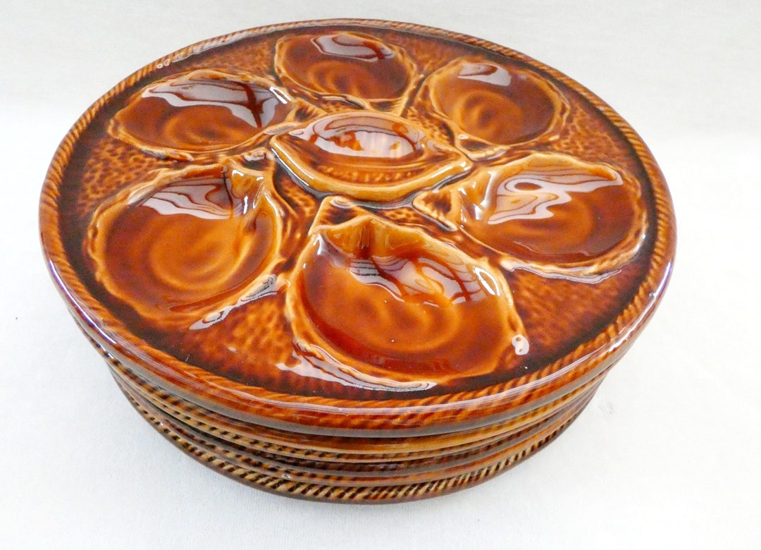 6 Vintage St. Clement Oyster Plates French Majolica Brown Ceramic Mid