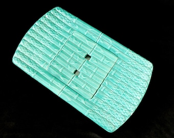 Vintage Franse majolica-aspergeschotel: turquoise barbotineschaal, jaren 1950