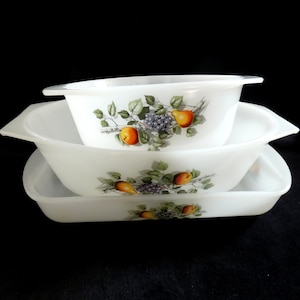 3 Large Vintage Arcopal Serving Dishes French Milk Glass Casseroles Opaline Souffle Baking Dish Sallad Bowl