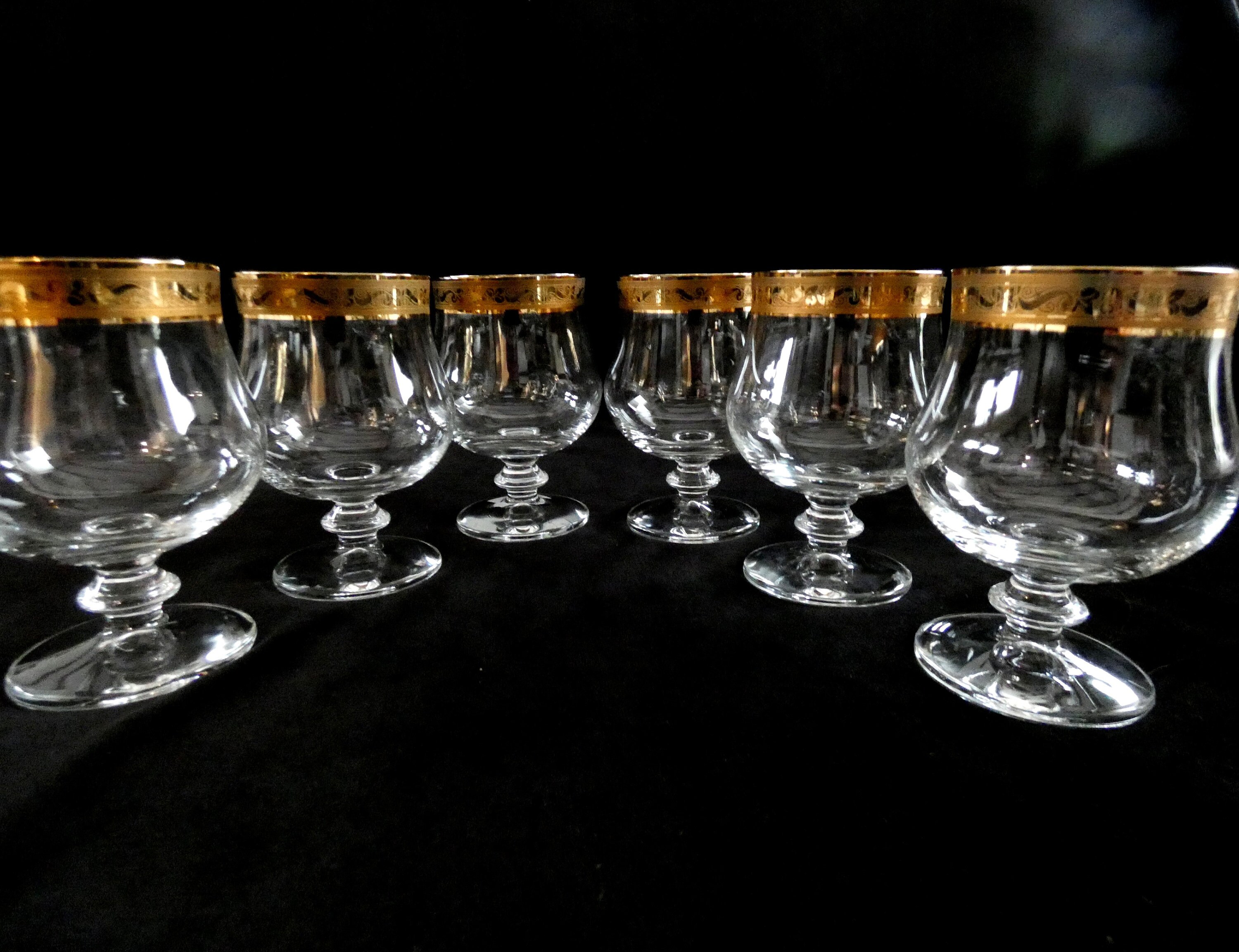 6 Murano Crystal Cognac Glasses 24k Gold Rim, Vintage Italian Brandy