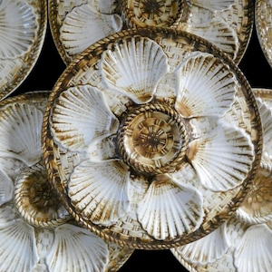 6 Vintage French Oyster Plates Longchamp Ceramics Rare White Cream Brown Majolica Oyster Dishes Barbotine Pottery