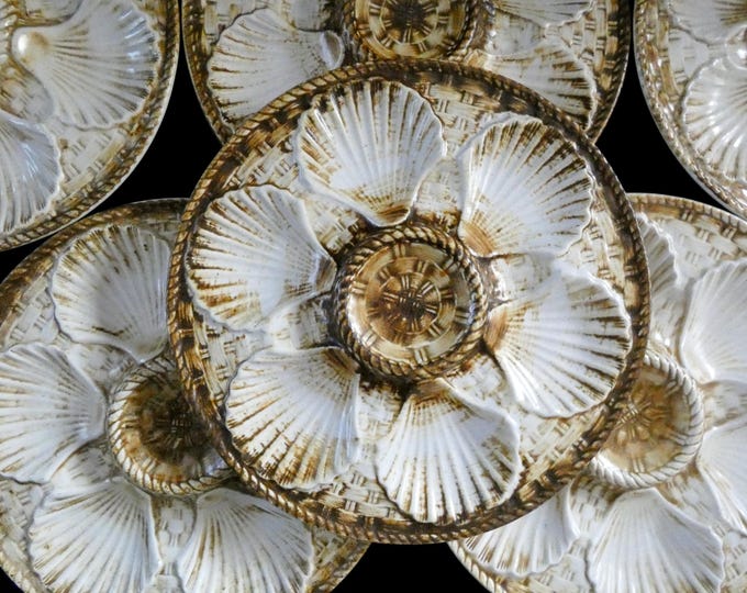Vintage Longchamp Oyster Plates White and Brown French Majolica Barbotine Set