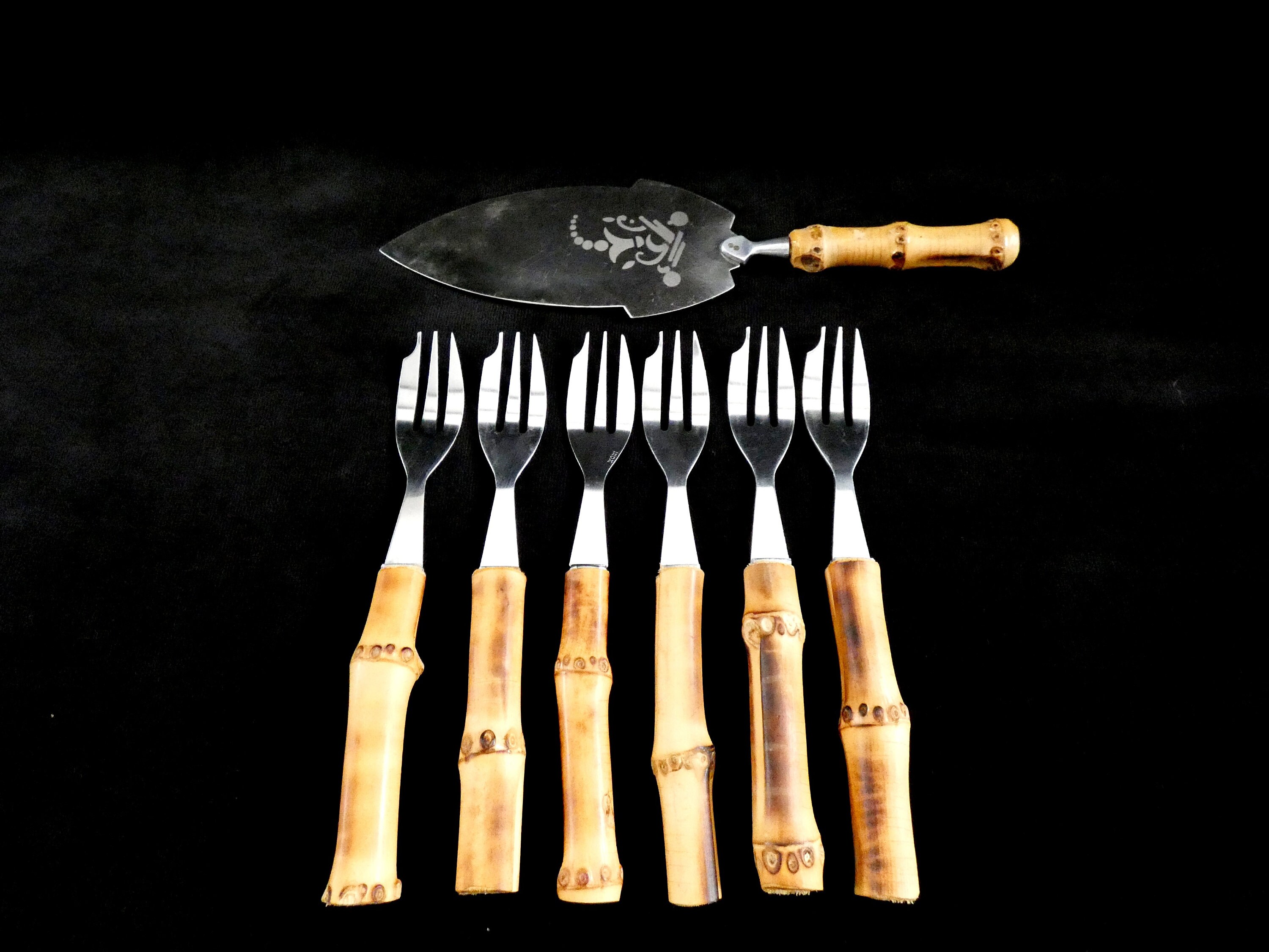 6 Bamboo Handle Dessert Forks Bamboo Handle Cake Server Handmade Bamboo Handles Cake Cutlery and