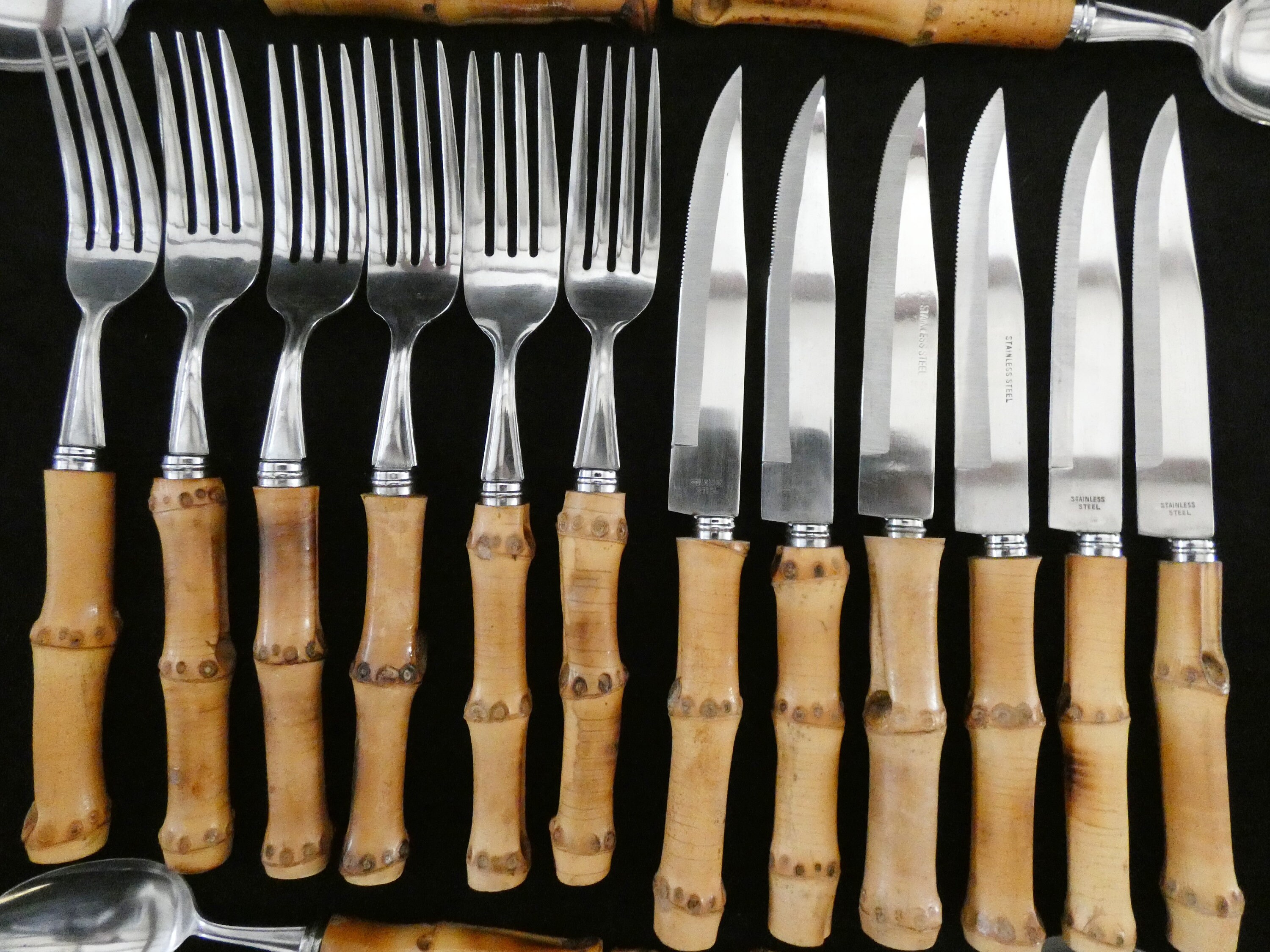 24 Vintage French Bamboo Handle Flatware, Bamboo Handle Cutlery Set, Natural Bamboo and