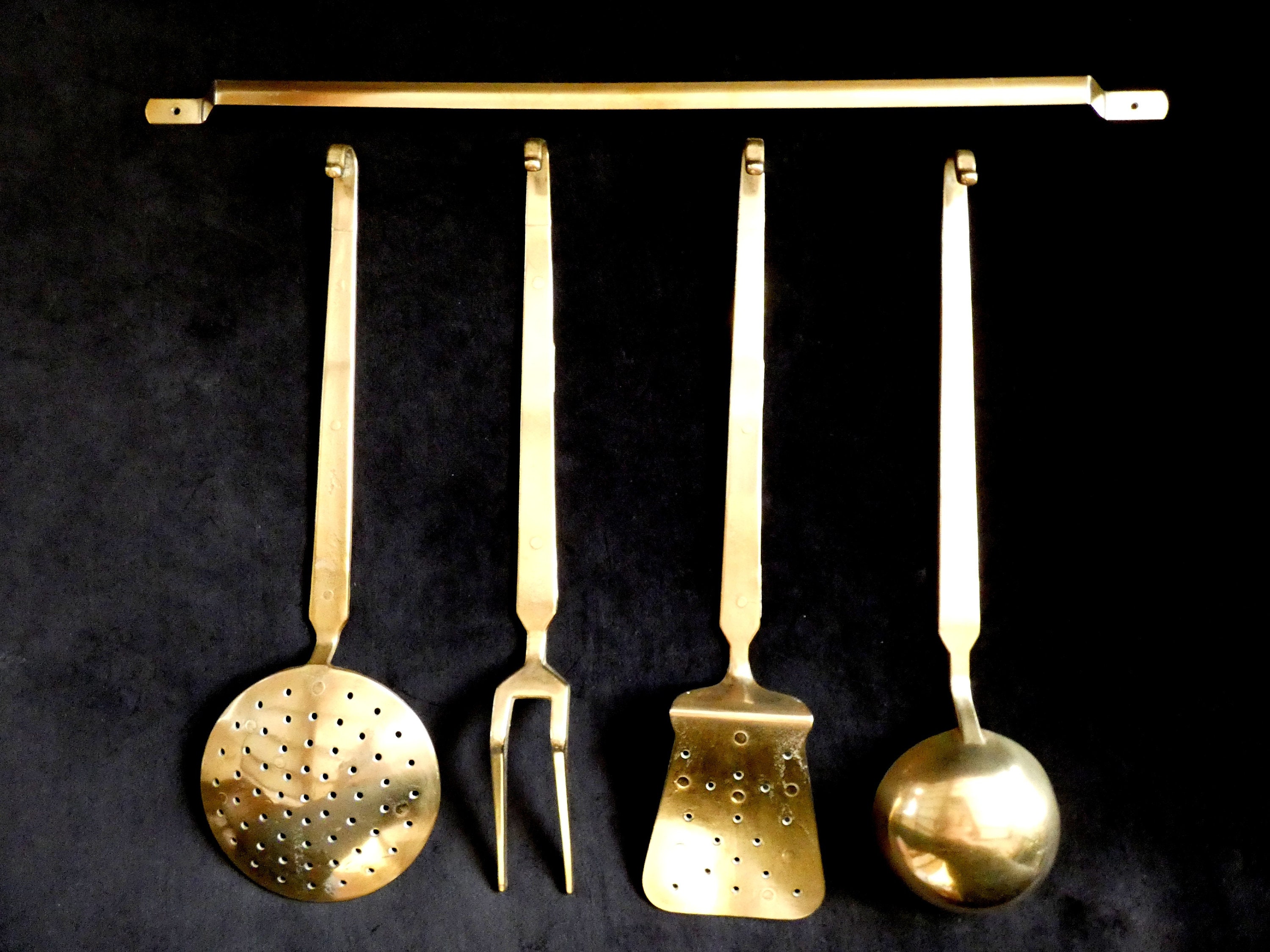 Vintage Brass Kitchen Utensils, Antique Portuguese Wall Hanging Cooking