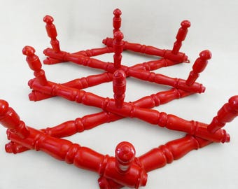 Vintage French Expandable Coat Rack: Red Wood Wall Hanger, 10 Pegs