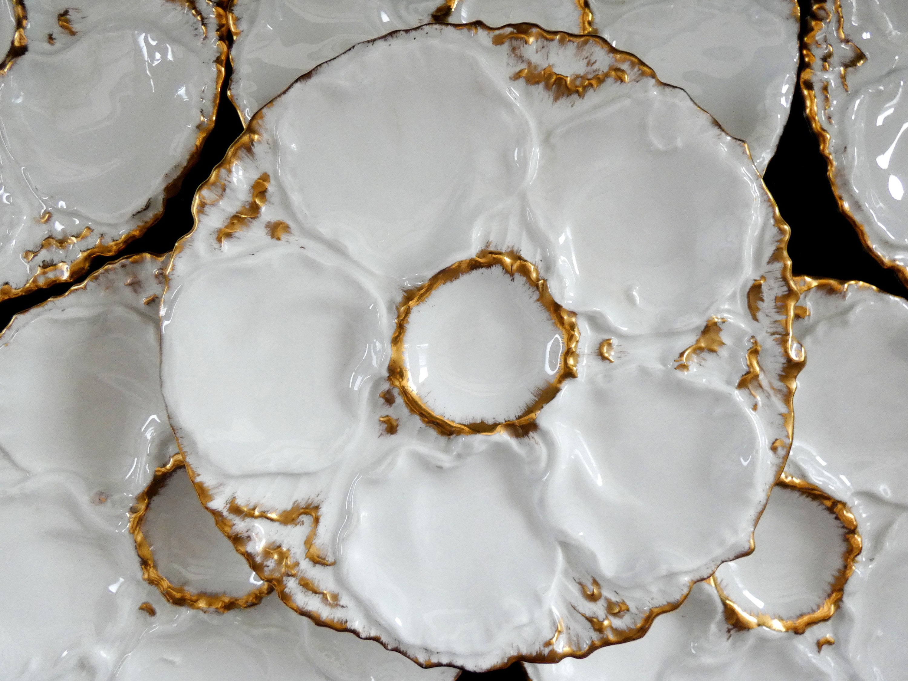 Antique White/Gold Oyster Plates, French Porcelain Oyster Plate