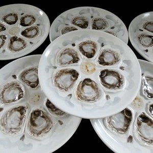 6 Vintage St Amand Oyster Plates White Gray Brown Majolica Mid century French Ceramics