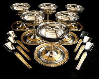 Vintage Italy Ice Cream Set Stainless Steel Gold Dessert Cups Champagne Coupes Pedestal Sorbet Fruit Bowls Silver Gold Wedding Dishes 1960s