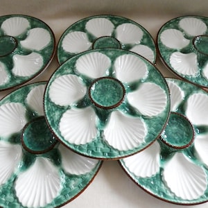 Vintage French Oyster Plate Longchamp Green and White Majolica Ceramic 50s