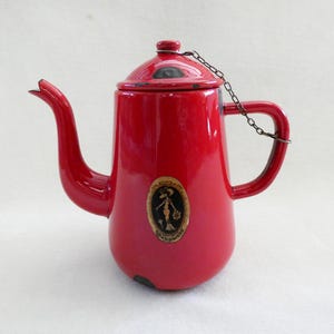 French Enamel Coffee Pot Antique Red Metal Tea Jug Country Rustic Kitchen Enamelware 50s