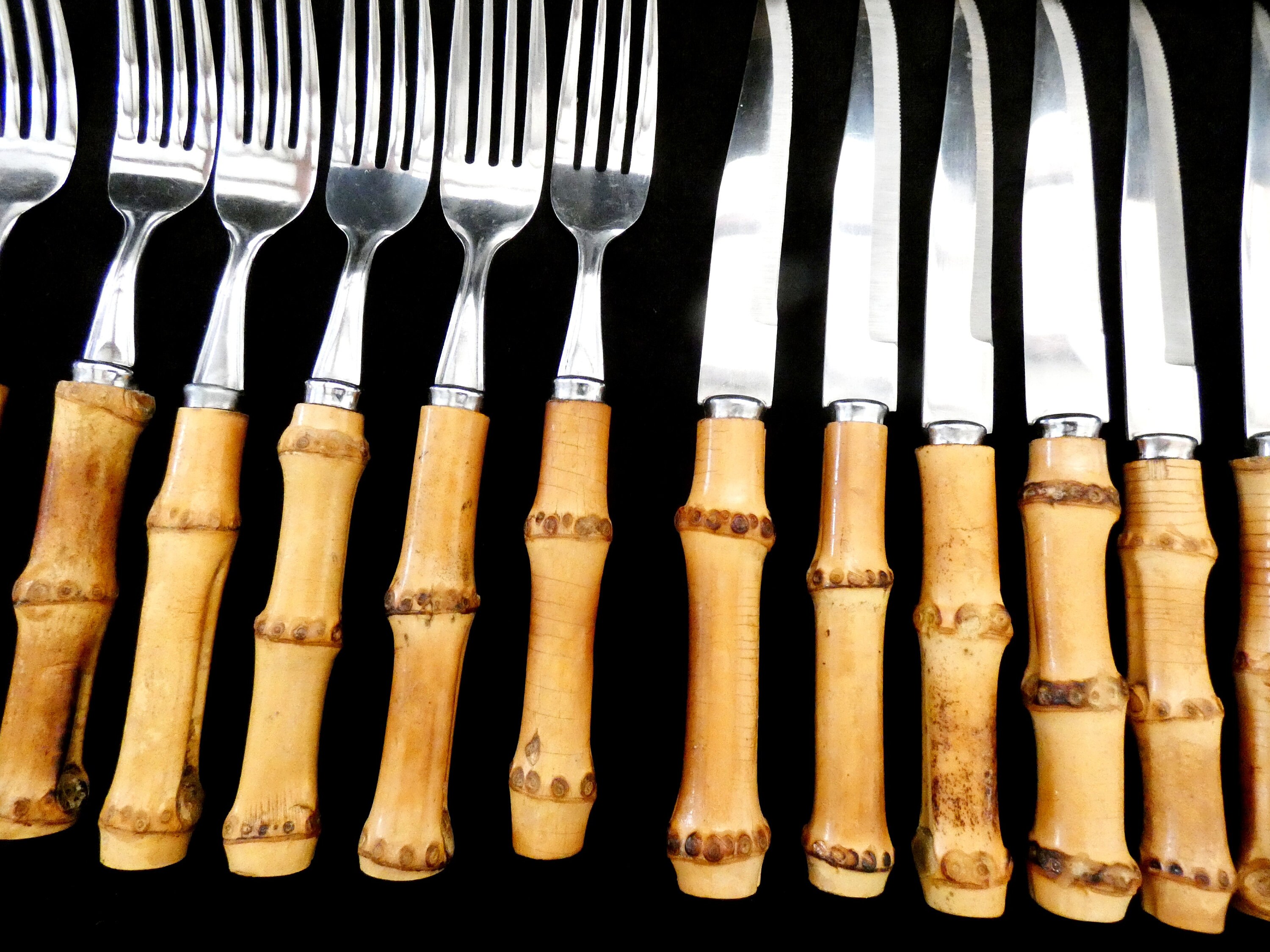 24 Vintage Bamboo Handle Flatware, Bamboo Handle Cutlery Set, Natural Bamboo and Stainless Steel