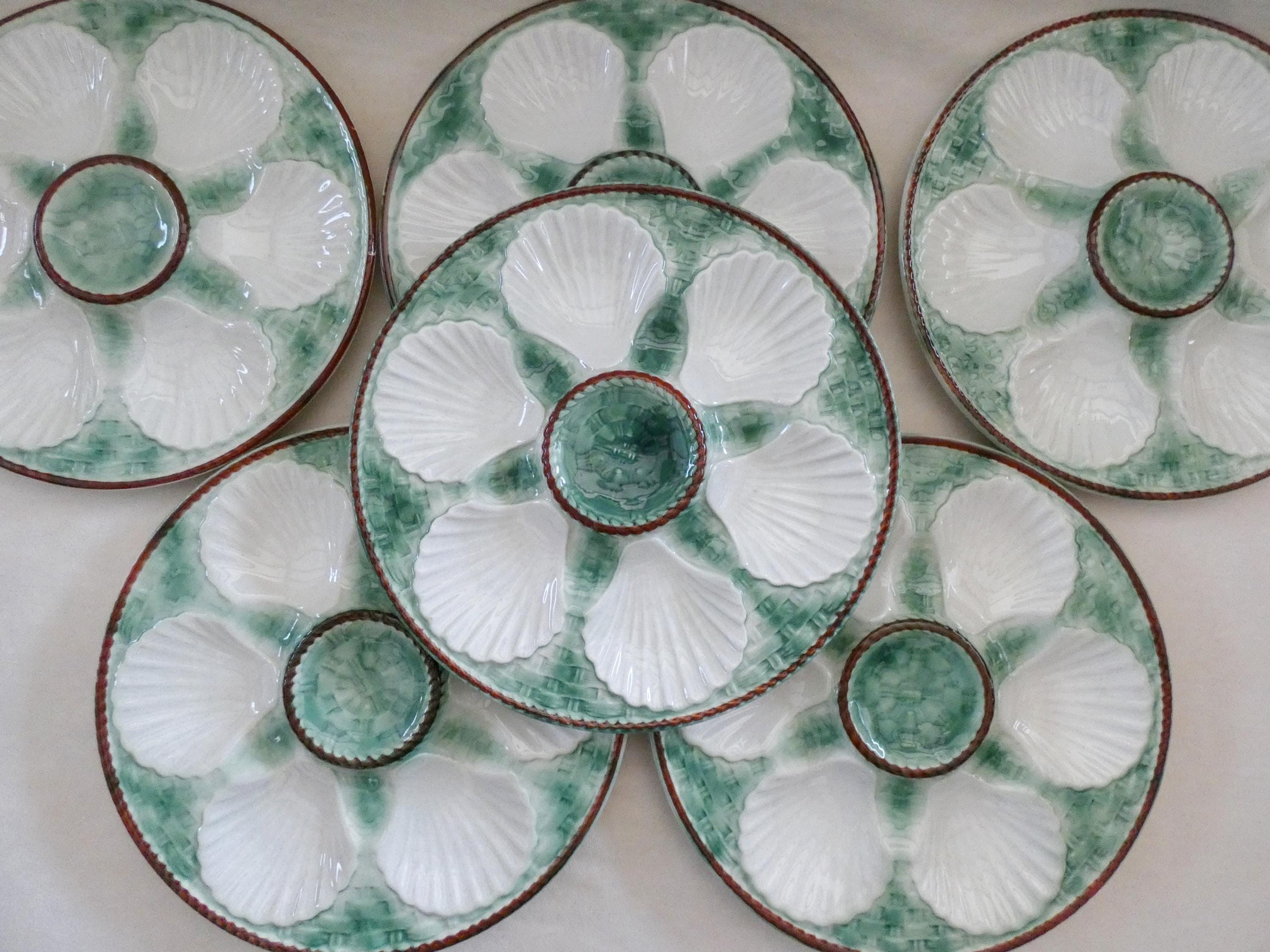 6 Antique French Oyster Plates Vintage Longchamp Green and White Majolica Ceramic Oyster Platters 40 - 50s