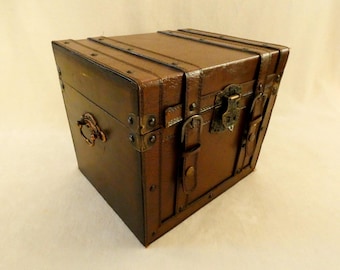 Vintage French Box Wood & Leather Retro Decorative Scarf Box Photo Storage Rustic Square Casket