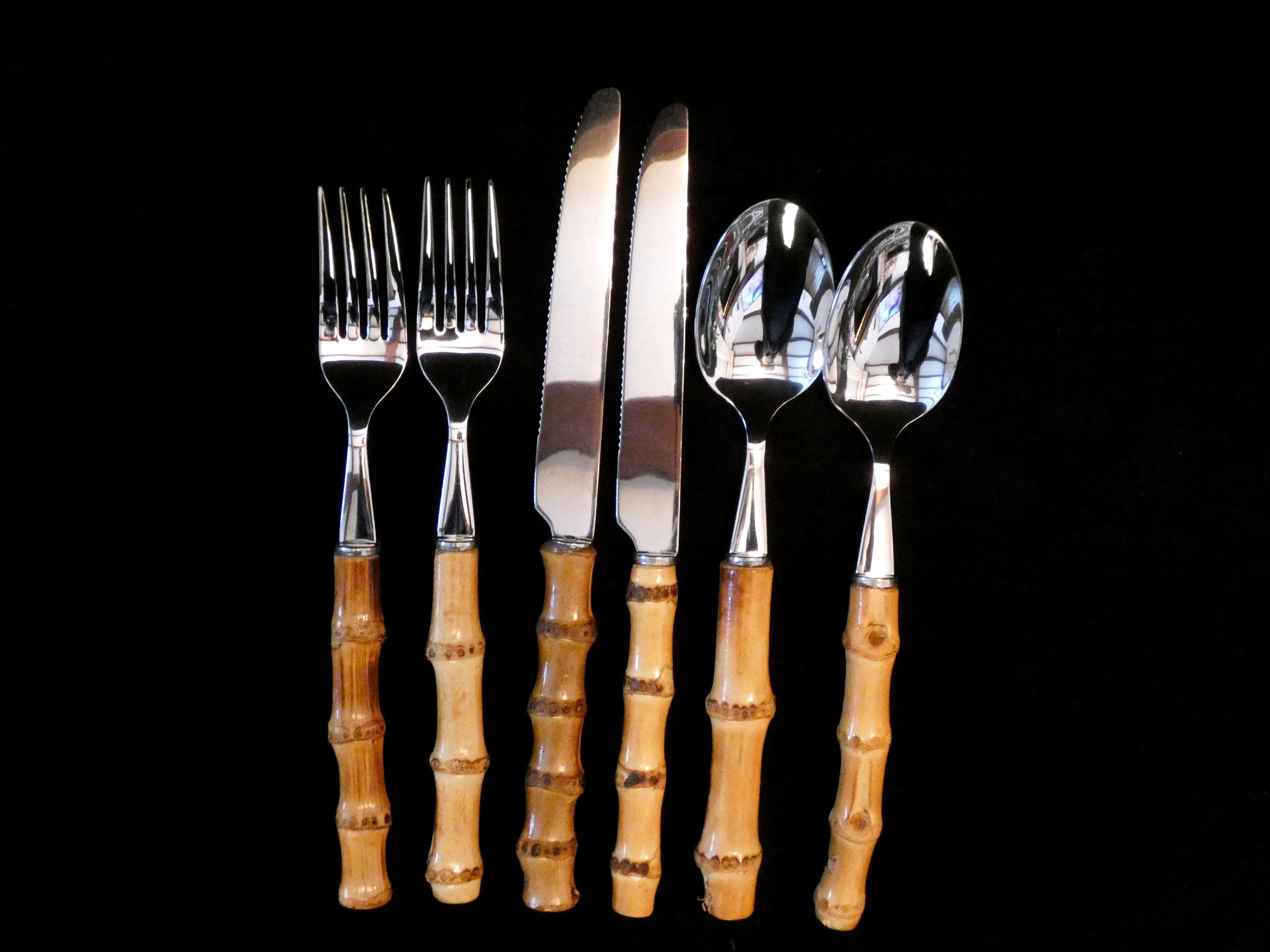 Vintage Bamboo Handle Flatware Set, Natural Bamboo Handle Cutlery and