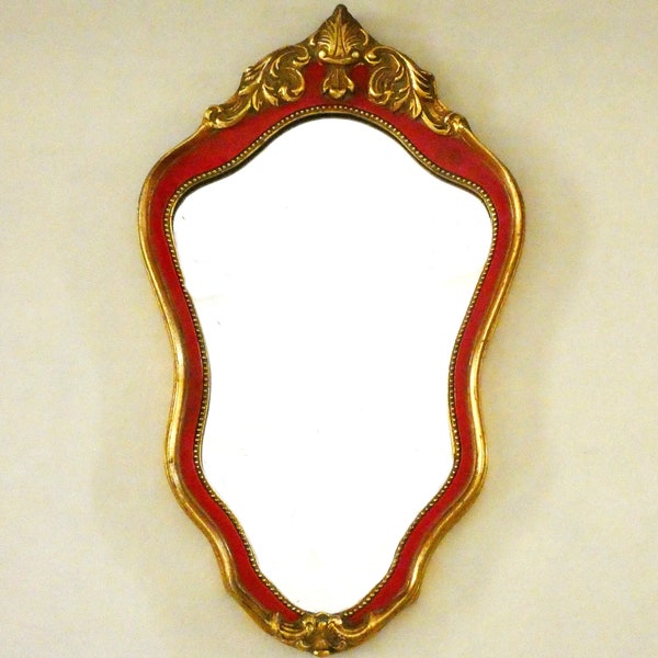 Vintage French Victorian Mirror Gold and Red Wall Hanging Boudoir Mirror Mid century Home Decor