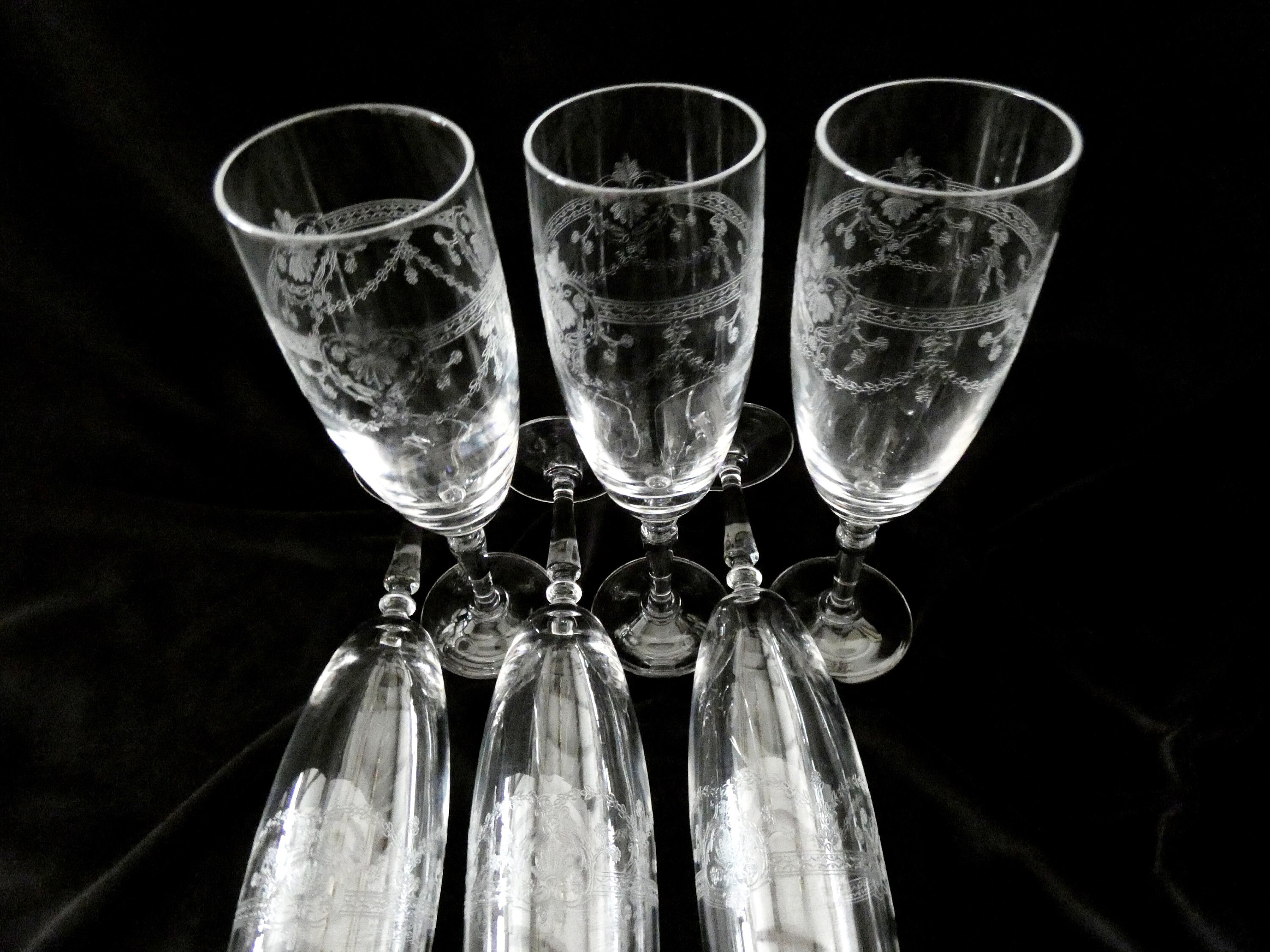 6 Antique Crystal Champagne Flutes, Vintage French Champagne Glasses