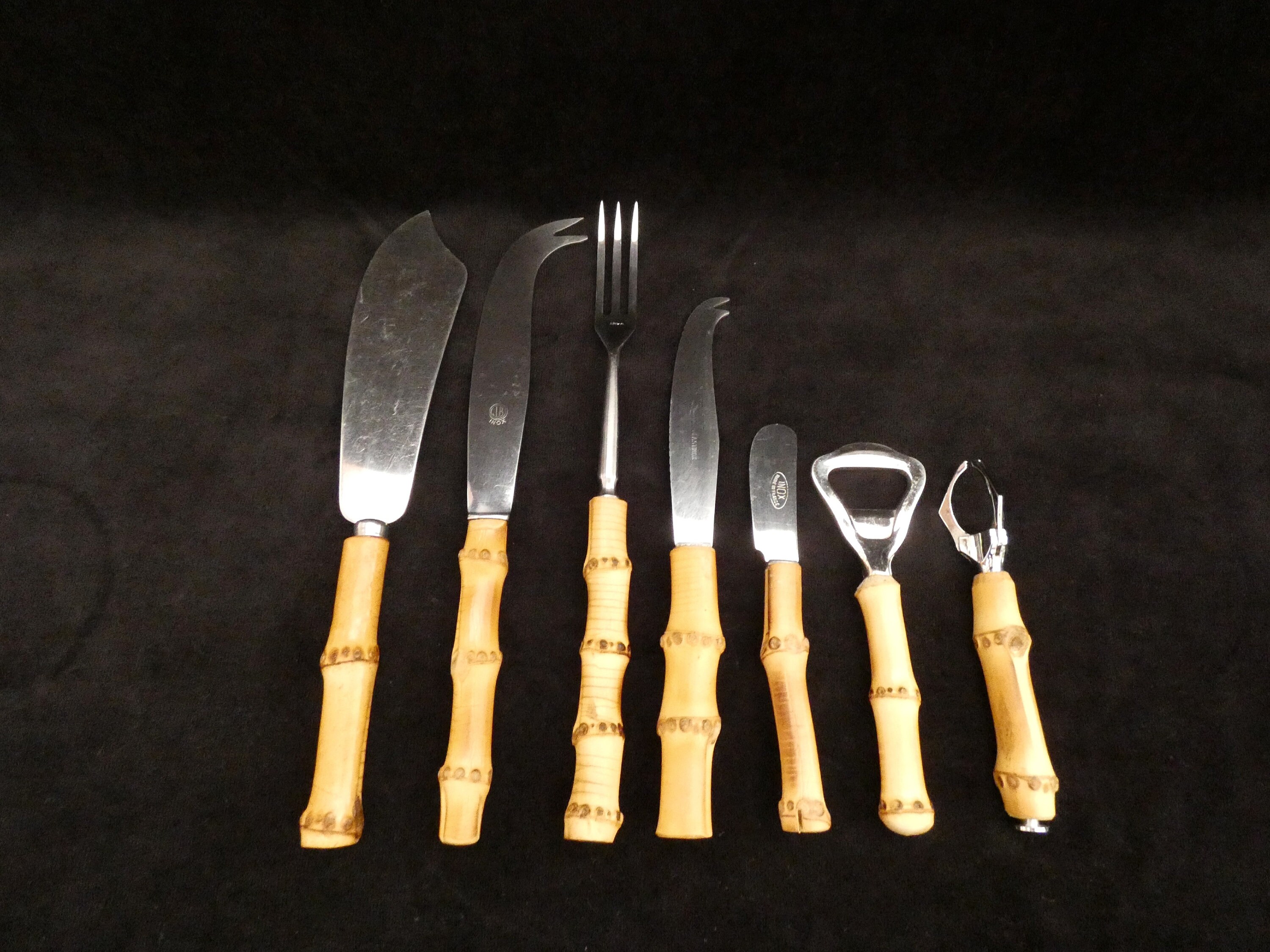 7 Bamboo Handle Serving set, Vintage Natural Bamboo Handle Cutlery and