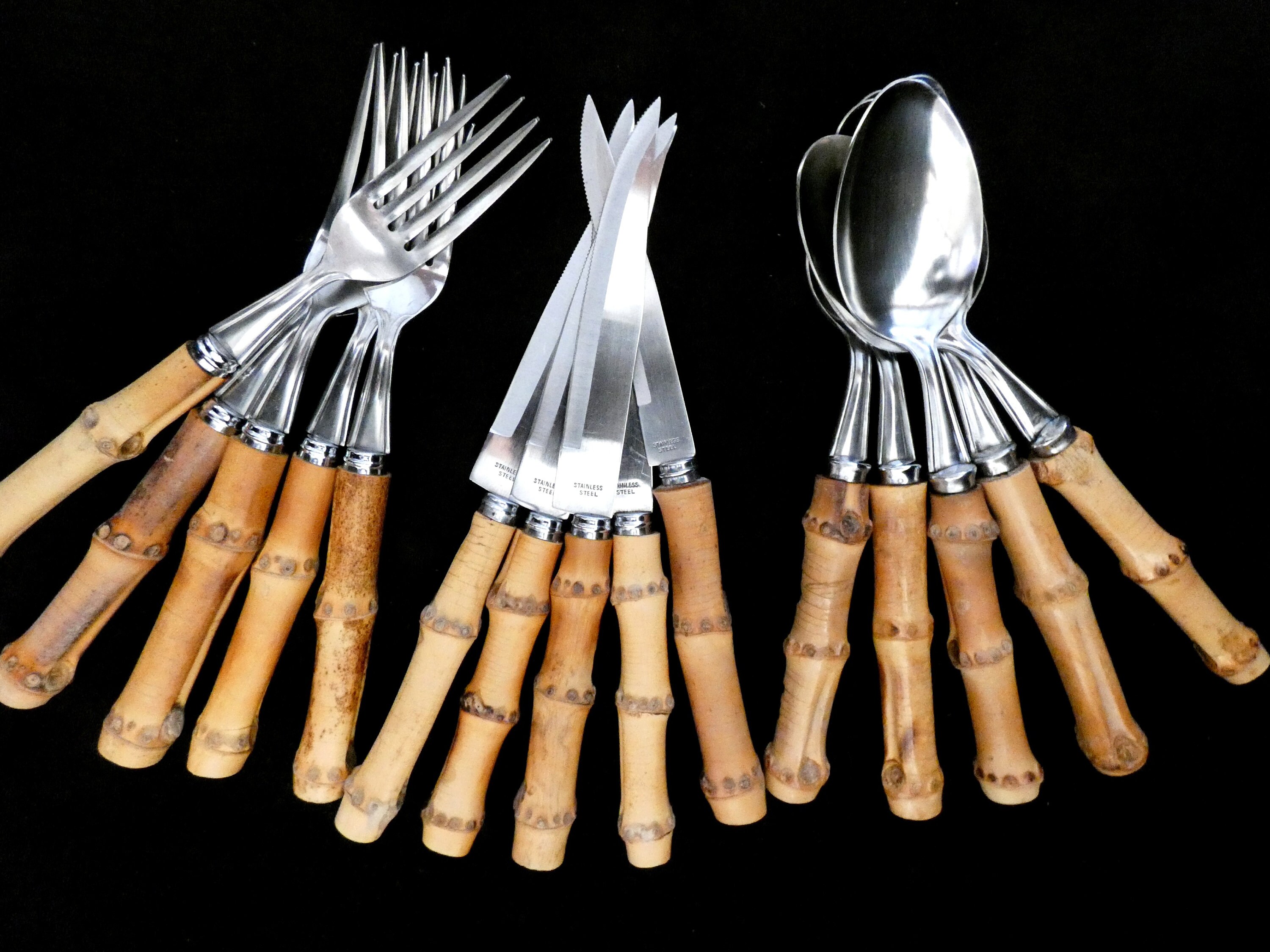 18 Vintage French Bamboo Handle Cutlery, Natural Bamboo Handle Flatware, Bamboo and Stainless