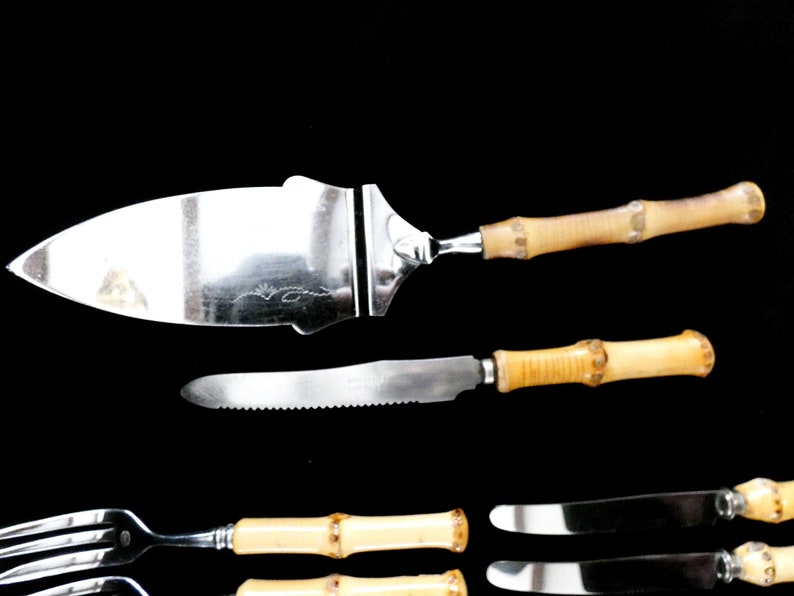 14 pcs Bamboo Handles Dessert Cutlery Solingen Cutlery Handmade Bamboo Handles Cake Set and Stainless Steel 70s