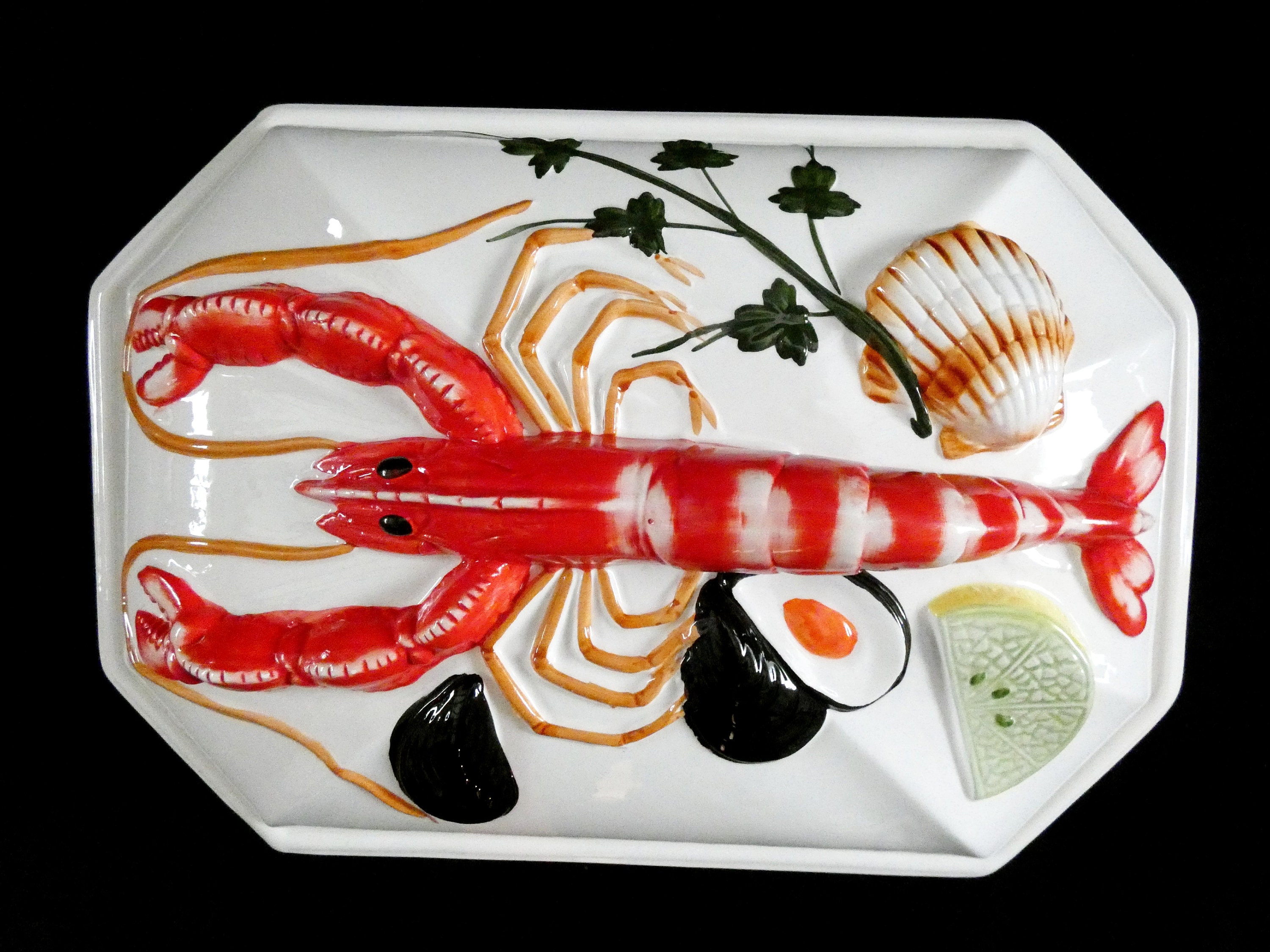 Italian HandPainted Seafood Serving Dish, Vintage Lobster Lidded Plate